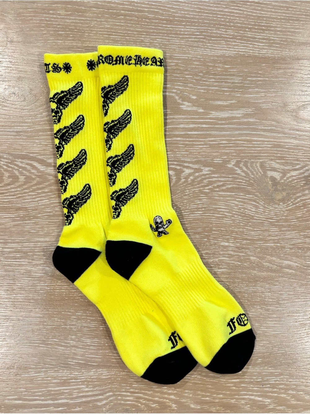 Chrome Hearts Neon Yellow Crew Socks with Black Wing & Skull Accents
